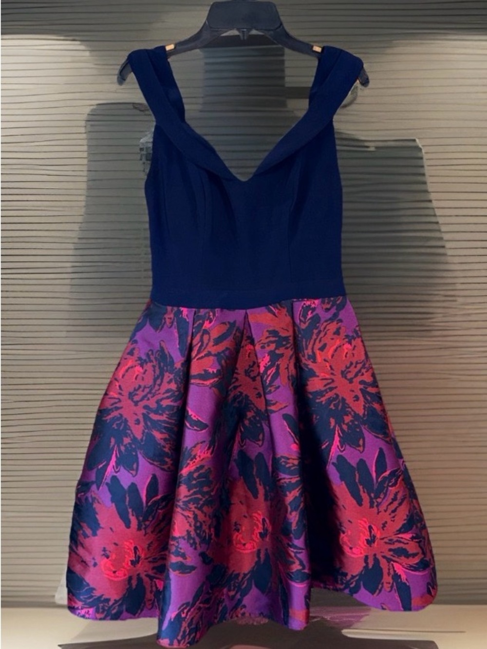 Morgan & Co. Navy Sleeveless Jacquard Dress Fuchsia & Pink Floral Print-1/2-EC